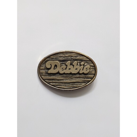 Vintage 1970's DEBBIE Name Belt Buckle by Oden Brass Oval Woodgrain Made‎ in USA - Picture 2 of 8